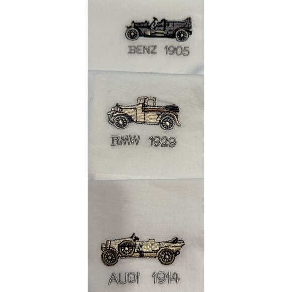 3 Mens white embroidered Cars Cloth Tissue Handkerchief Audi Benz BMW Gearhead - Picture 1 of 4